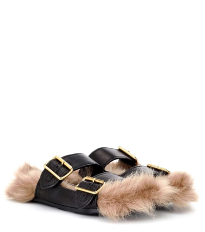Shop Prada Fur-lined Leather Sandals In Black