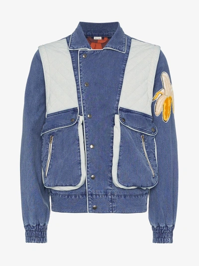 Shop Gucci Printed Logo Washed Denim Jacket In Blue