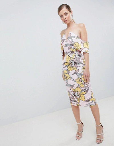 Shop Lavish Alice Plunge Front Bandeau Printed Midi Dress - Multi