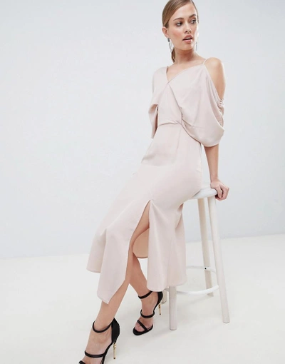 Shop Lavish Alice Asymmetric Cold Shoulder Floaty Midaxi Dress - Pink