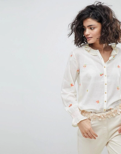 Shop Intropia Buttondown Blouse With Embroidered Bouquets - Cream