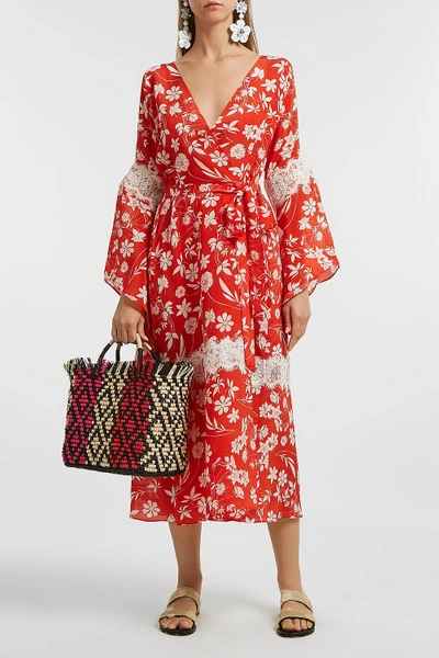 Shop Athena Procopiou Farah Lace-trimmed Floral-print Silk Wrap Dress, Os In Red