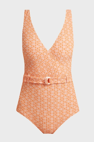 Shop Lisa Marie Fernandez Yasmin Two-tone Seersucker Swimsuit In Orange And Pastel-orange