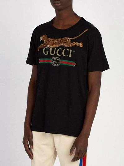 Gucci Leopard & Logo Cotton Jersey T-shirt In Black | ModeSens