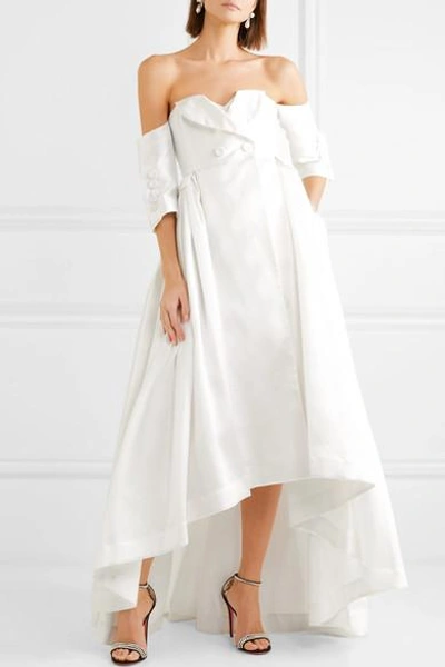 Shop Alexis Mabille Off-the-shoulder Satin-piqué Gown In White