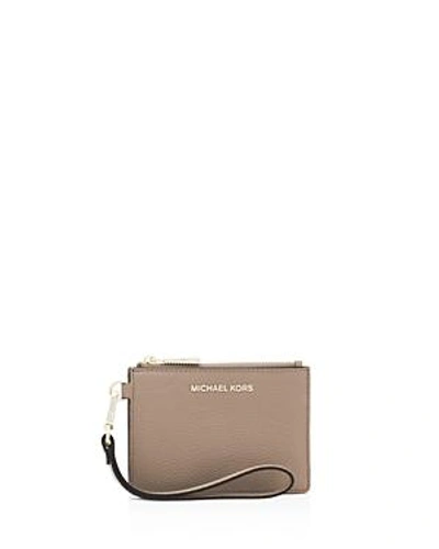 Shop Michael Michael Kors Small Leather Wristlet In Truffle/brown/gold