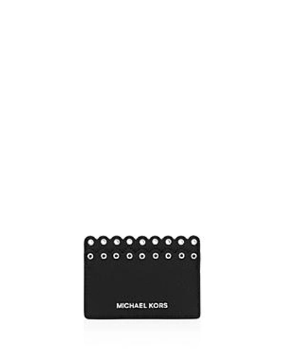Shop Michael Michael Kors Scalloped Leather Card Case In Black/white