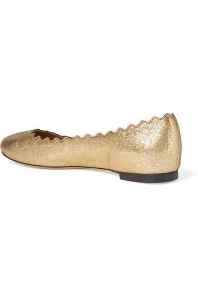 Shop Chloé Lauren Scalloped Metallic Cracked-leather Ballet Flats In Gold