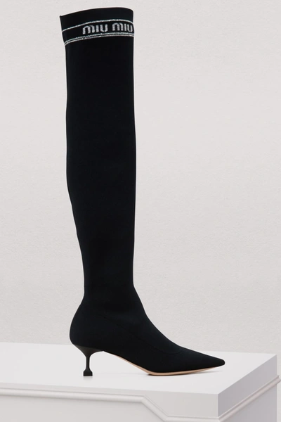 Shop Miu Miu Miu Socks Over The Knee Boots In Black