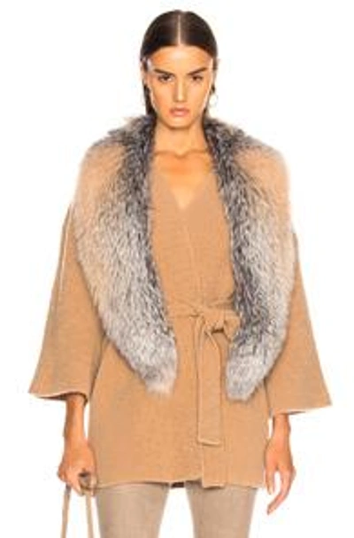Shop Sally Lapointe Cashmere Silk Boucle Wrap Cardigan With Fox Fur Stole In Brown,neutral