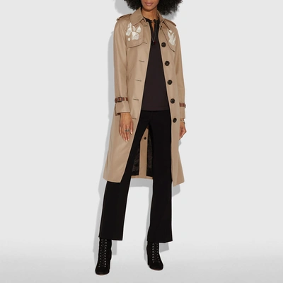 Shop Coach Lace Embroidered Leather Trench Coat In Khaki