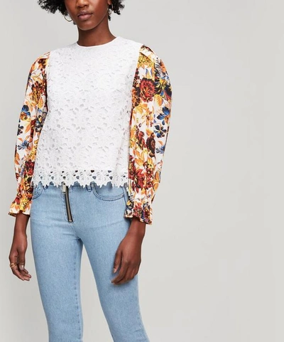 Shop Msgm Floral-sleeve Lace Top In White