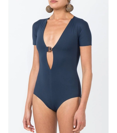 Shop Eres Edge Adjust Plunging V-neck Swimsuit In Blue