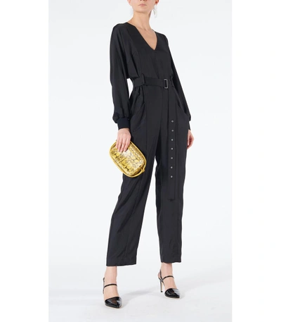 Shop Tibi Mendini Twill V-neck Jumpsuit With Ribbed Cuff In Black