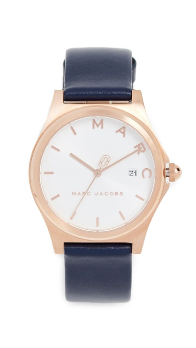 Shop Marc Jacobs Henry Leather Strap Watch, 38mm In Navy/gold
