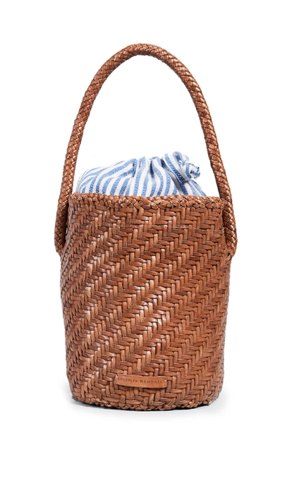 Shop Loeffler Randall Cleo Woven Leather Bucket Bag In Tan/blue/cream