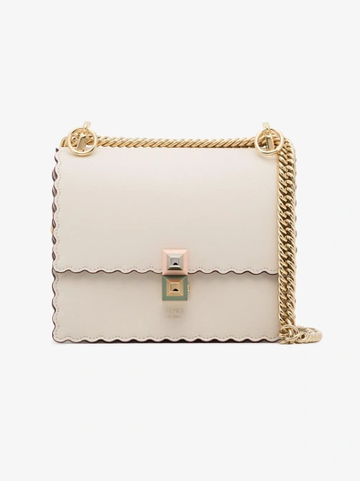 Shop Fendi Cream Kan I Scalloped Leather Handbag In Nude/neutrals