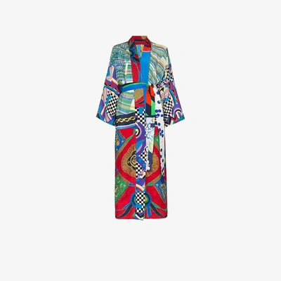 Shop Rianna + Nina Long Multi Checkerboard Floral Print Silk Kimono Robe In Multicolour