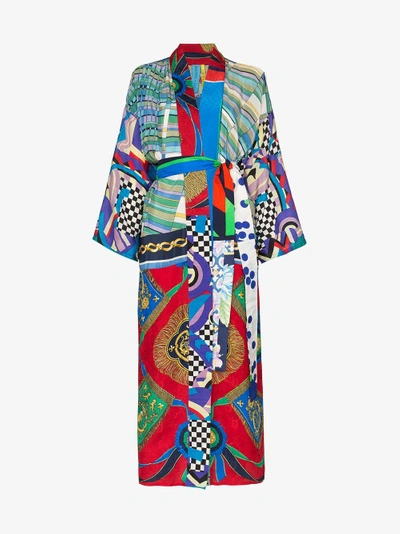 Shop Rianna + Nina Long Multi Checkerboard Floral Print Silk Kimono Robe In Multicolour