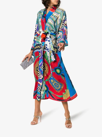 Shop Rianna + Nina Long Multi Checkerboard Floral Print Silk Kimono Robe In Multicolour