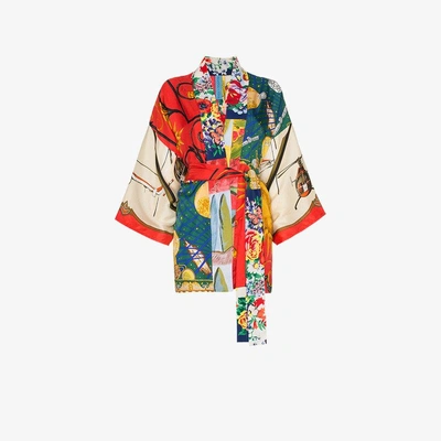 Shop Rianna + Nina Short Multi Floral Planet Print Silk Kimono Robe In Multicolour