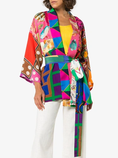 Shop Rianna + Nina Short Multi Fish Polka Dot Print Silk Kimono Robe In Multicolour