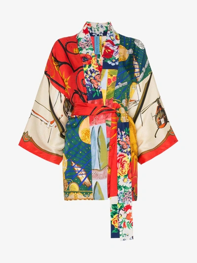 Shop Rianna + Nina Short Multi Floral Planet Print Silk Kimono Robe In Multicolour