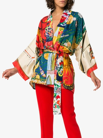 Shop Rianna + Nina Short Multi Floral Planet Print Silk Kimono Robe In Multicolour
