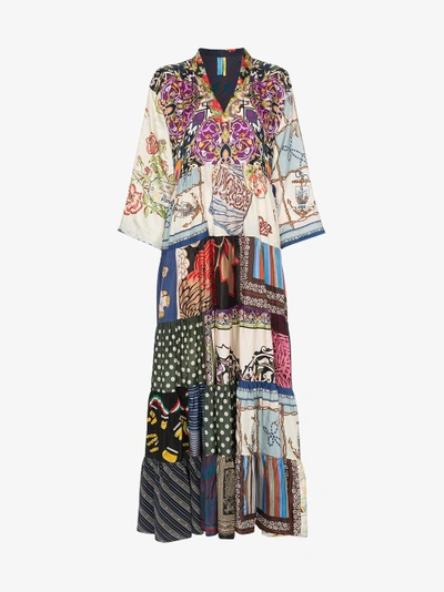 Shop Rianna + Nina Multi Floral Polka Dot Print Silk V-neck Kaftan Dress In Multicolour