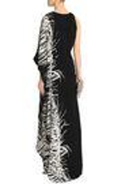 Shop Halston Heritage Asymmetric Printed Crepe Gown In Black