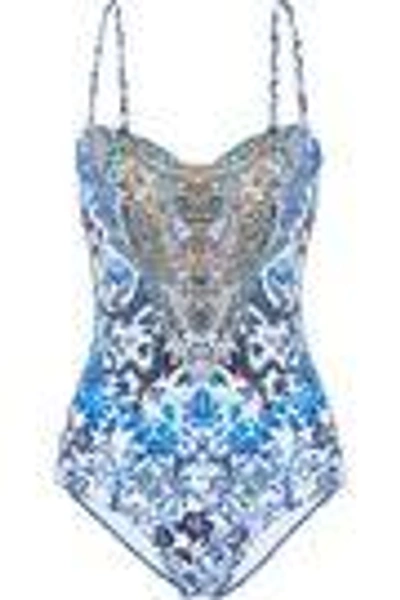 Shop Camilla Woman Crystal-embellished Printed Bandeau Swimsuit Royal Blue