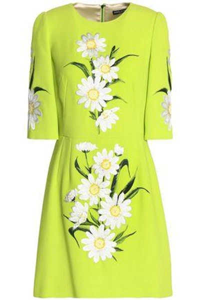 Shop Dolce & Gabbana Embroidered Neon Wool-crepe Mini Dress In Lime Green
