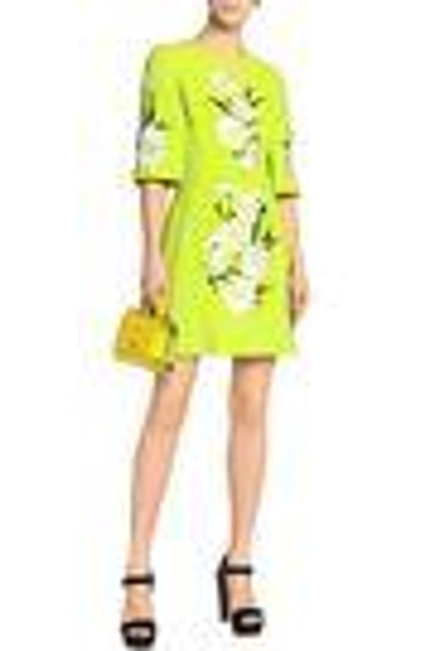 Shop Dolce & Gabbana Embroidered Neon Wool-crepe Mini Dress In Lime Green