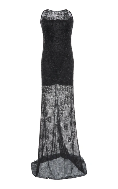 Shop Versace Sheer Lace Gown In Black