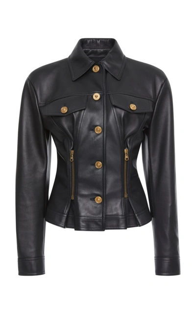 Shop Versace Fitted Leather Jacket In Black