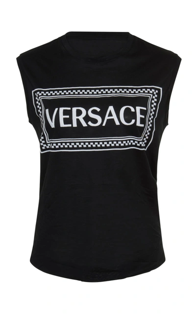 Shop Versace Printed Cotton Jersey Tank In Black