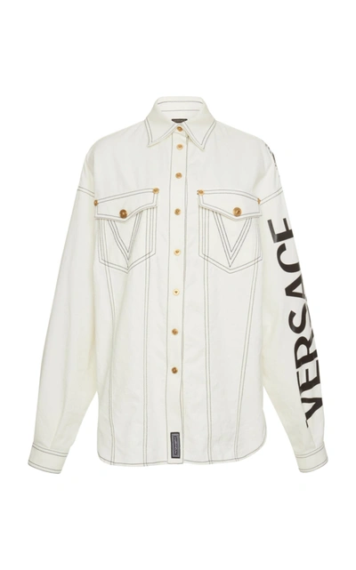 Shop Versace Denim Graphic Shirt In White