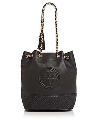 Shop Tory Burch Fleming Convertible Quilted Leather Bucket Bag In Black/gold