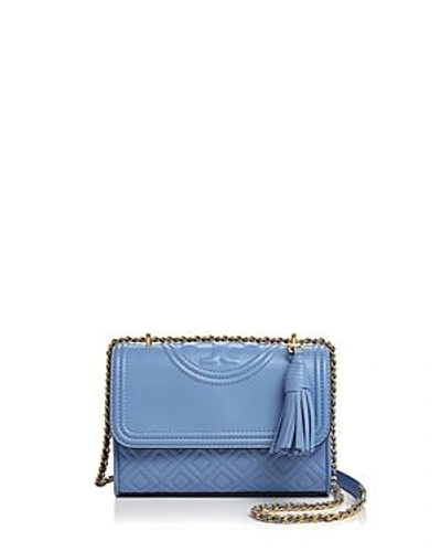 Shop Tory Burch Fleming Convertible Small Leather Shoulder Bag In Larkspur Blue/gold