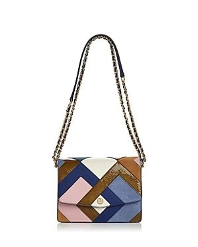 Shop Tory Burch Robinson Color-block Leather & Suede Pierced Shoulder Bag In Bright Navy Multi/gold
