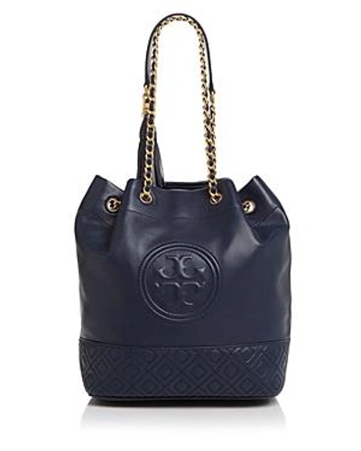Shop Tory Burch Fleming Convertible Quilted Leather Bucket Bag In Royal Navy/gold