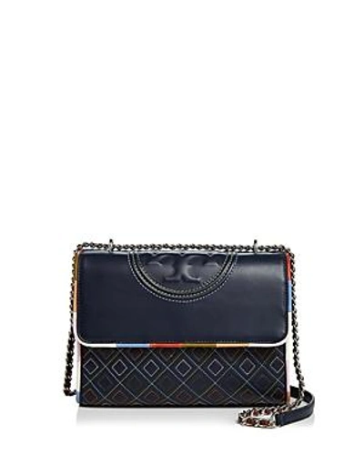 Shop Tory Burch Fleming Convertible Piped Leather Shoulder Bag In Navy Multi/gold