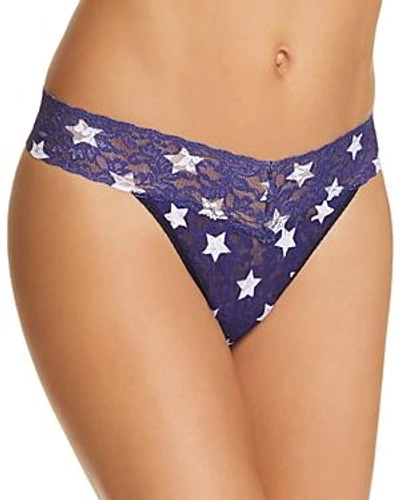 Shop Hanky Panky Original-rise Printed Lace Thong In Blue/white