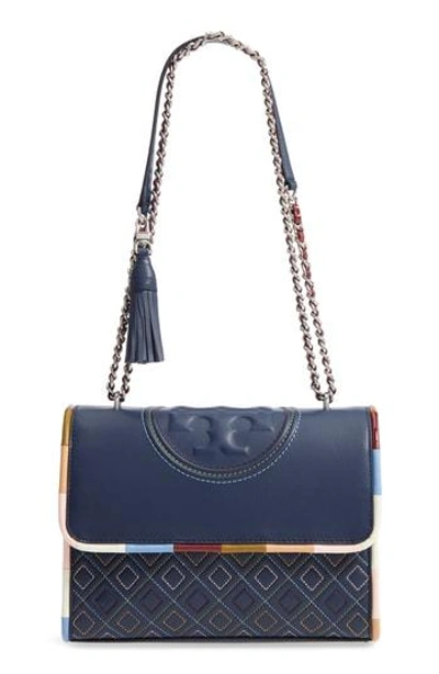 Shop Tory Burch Fleming Piped Leather Convertible Shoulder Bag - White In Navy Multi