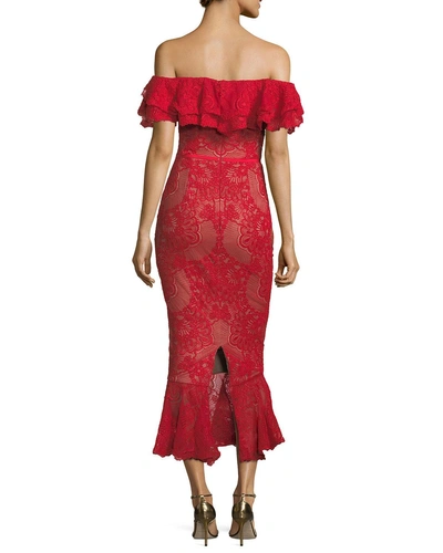 Shop Marchesa Notte Red Sleeveless Double Ruffle Lace Dress