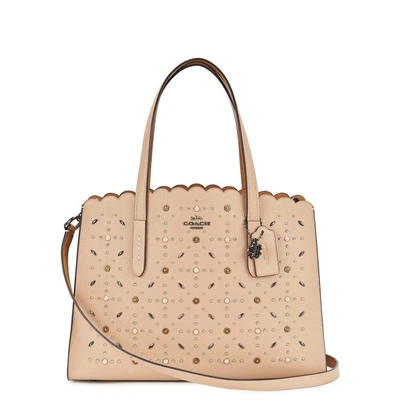 Shop Coach Charlie Studded Leather Tote In Beige