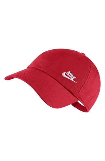 red nike hat with white swoosh