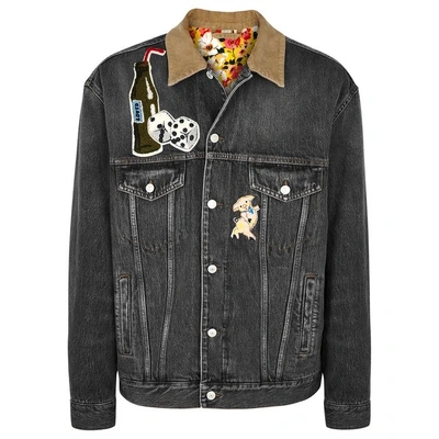 Shop Gucci Grey Appliquéd Denim Jacket In Black