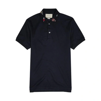 Shop Gucci Navy Piqué Stretch-cotton Polo Shirt
