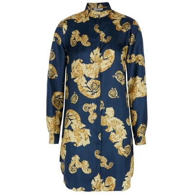 Shop Versace Baroque-print Silk Shirt Dress In Blue